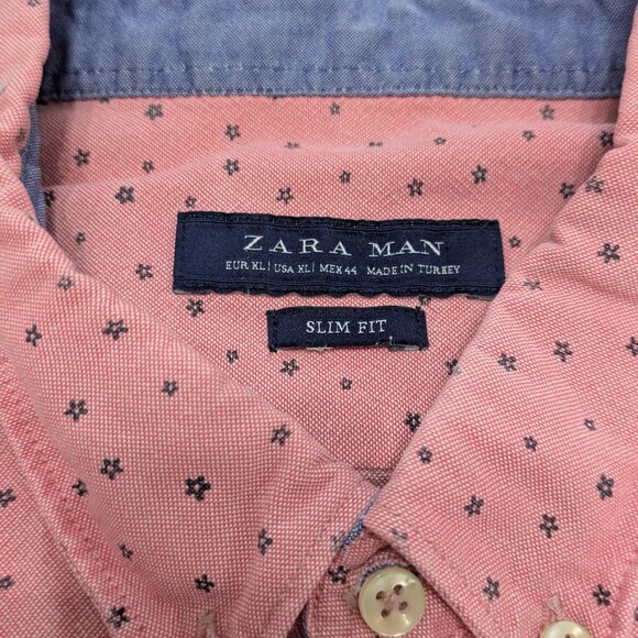 Zara Man Cotton Pink Floral Polka Dot Button Down Short Sleeve Shirt, size M/L - Picture 6 of 9